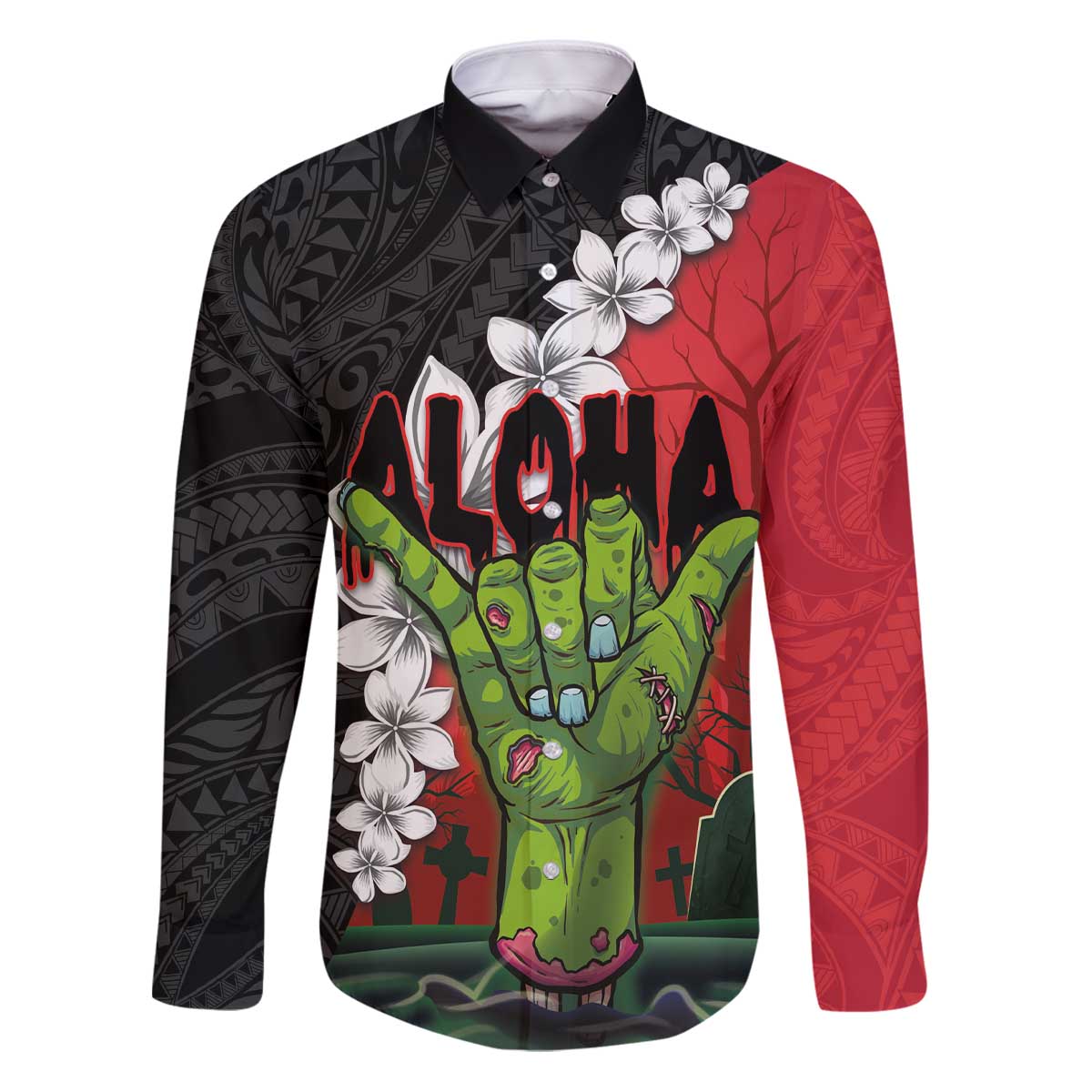 Hawaiian Halloween Family Matching Puletasi and Hawaiian Shirt Horror Shaka Hand with Plumeria and Polynesian Tattoo Blood Color