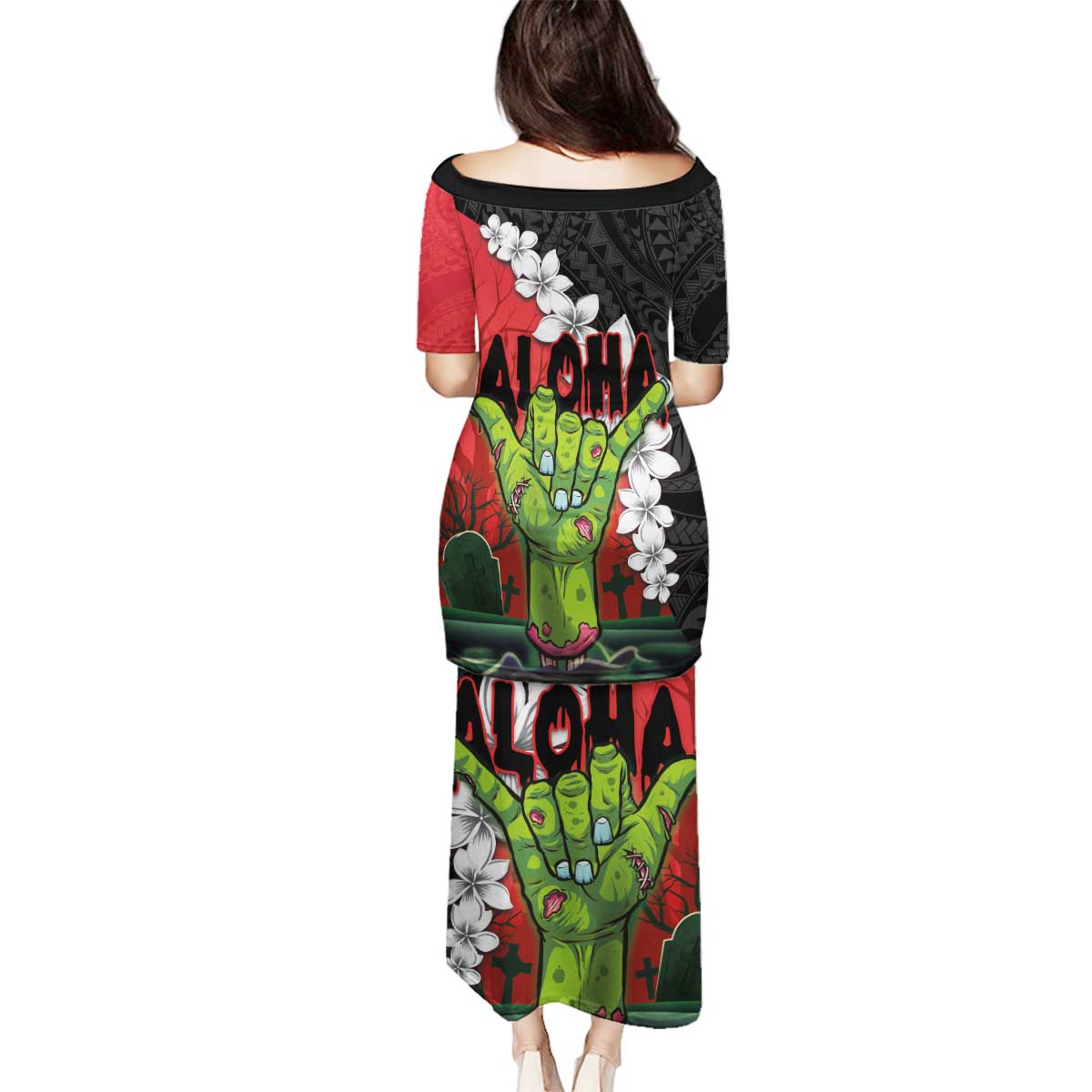 Hawaiian Halloween Family Matching Puletasi and Hawaiian Shirt Horror Shaka Hand with Plumeria and Polynesian Tattoo Blood Color