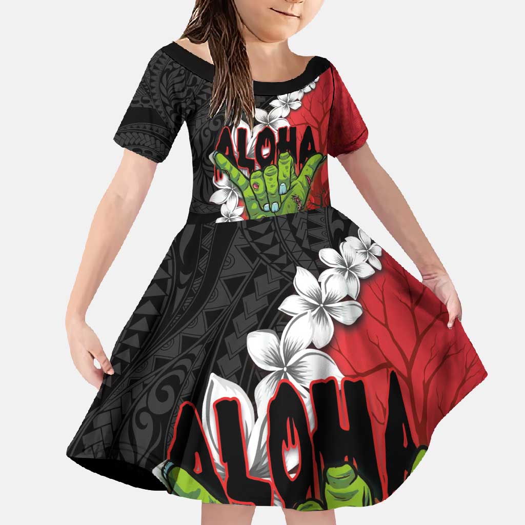 Hawaiian Halloween Family Matching Short Sleeve Bodycon Dress and Hawaiian Shirt Horror Shaka Hand with Plumeria and Polynesian Tattoo Blood Color LT03 Daughter's Dress Red - Polynesian Pride