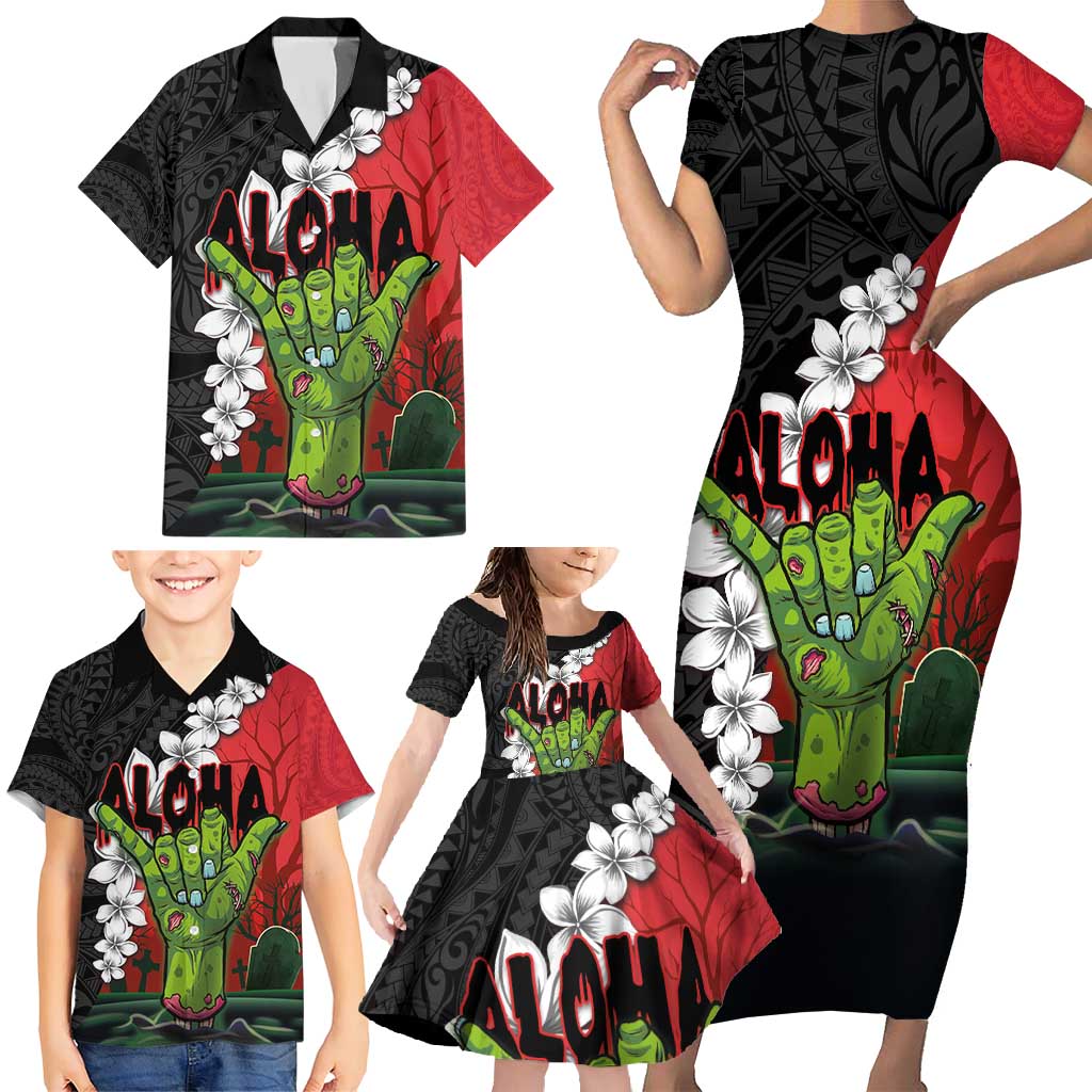 Hawaiian Halloween Family Matching Short Sleeve Bodycon Dress and Hawaiian Shirt Horror Shaka Hand with Plumeria and Polynesian Tattoo Blood Color LT03 - Polynesian Pride