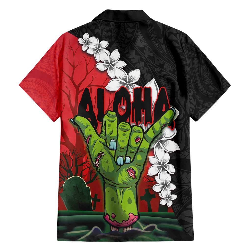 Hawaiian Halloween Family Matching Short Sleeve Bodycon Dress and Hawaiian Shirt Horror Shaka Hand with Plumeria and Polynesian Tattoo Blood Color LT03 - Polynesian Pride