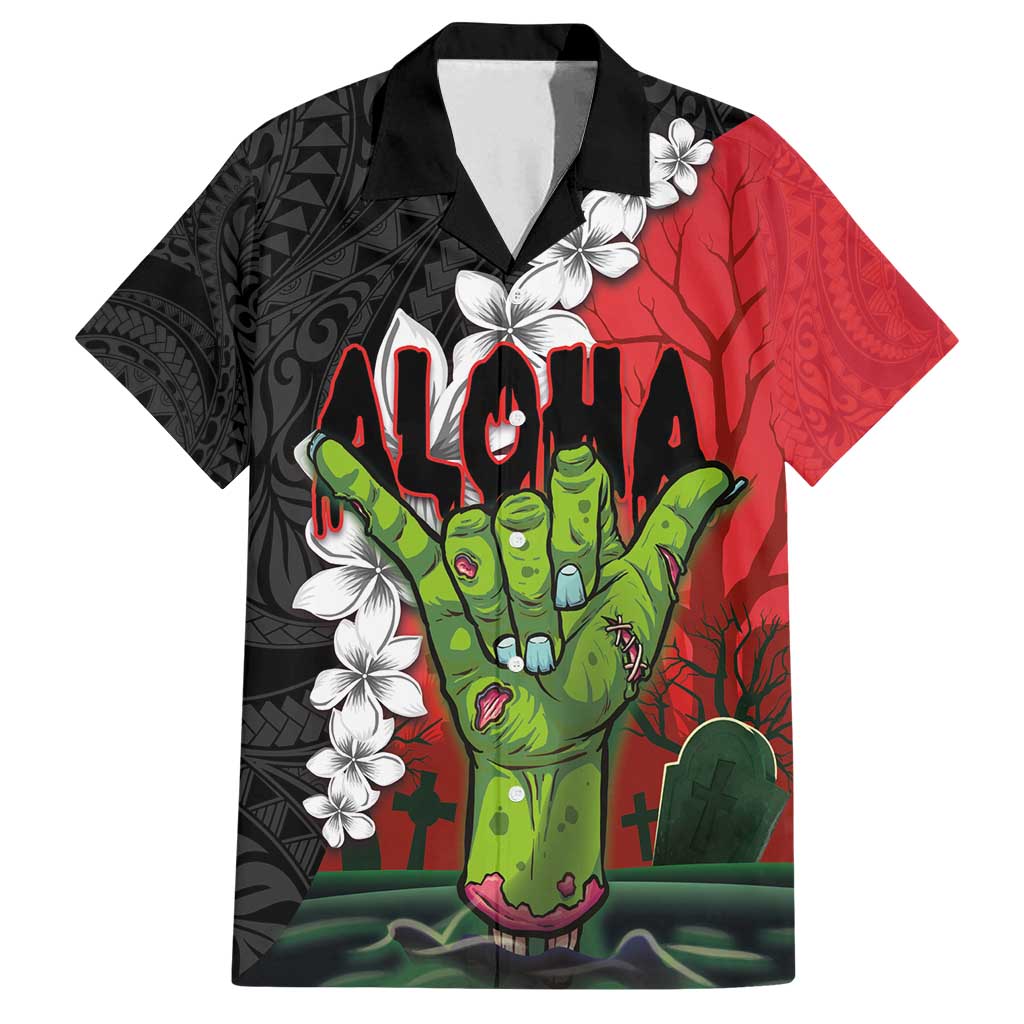 Hawaiian Halloween Family Matching Tank Maxi Dress and Hawaiian Shirt Horror Shaka Hand with Plumeria and Polynesian Tattoo Blood Color LT03 Dad's Shirt - Short Sleeve Red - Polynesian Pride