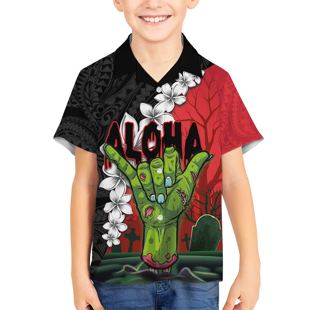 Hawaiian Halloween Kid Hawaiian Shirt Horror Shaka Hand with Plumeria and Polynesian Tattoo Blood Color LT03 Kid Red - Polynesian Pride