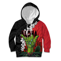 Hawaiian Halloween Kid Hoodie Horror Shaka Hand with Plumeria and Polynesian Tattoo Blood Color
