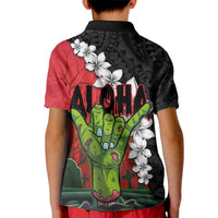Hawaiian Halloween Kid Polo Shirt Horror Shaka Hand with Plumeria and Polynesian Tattoo Blood Color
