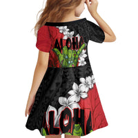 Hawaiian Halloween Kid Short Sleeve Dress Horror Shaka Hand with Plumeria and Polynesian Tattoo Blood Color