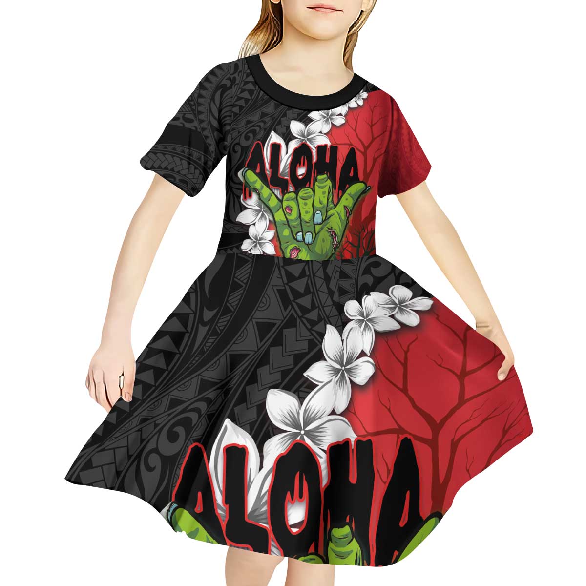 Hawaiian Halloween Kid Short Sleeve Dress Horror Shaka Hand with Plumeria and Polynesian Tattoo Blood Color