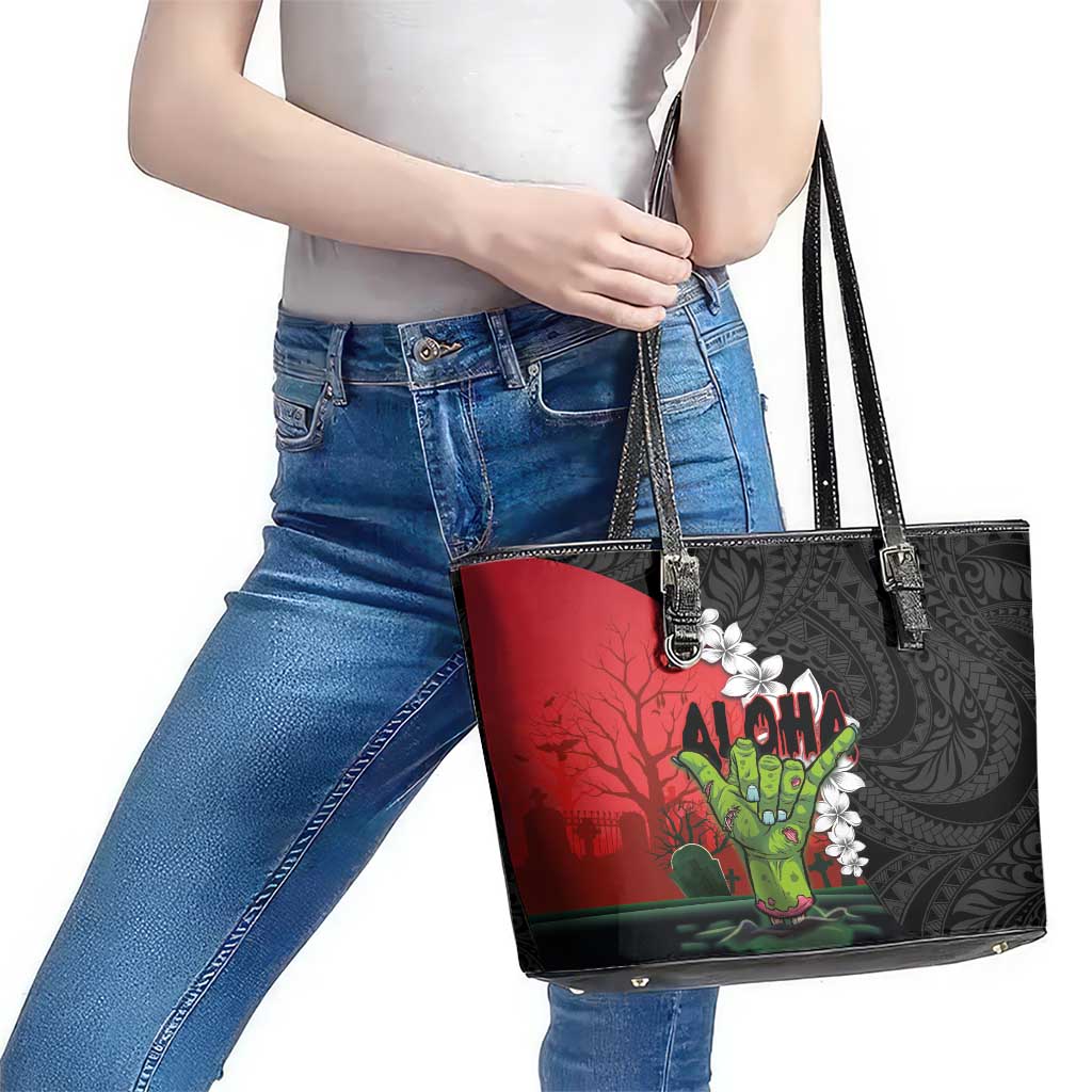 Hawaiian Halloween Leather Tote Bag Horror Shaka Hand with Plumeria and Polynesian Tattoo Blood Color LT03 - Polynesian Pride