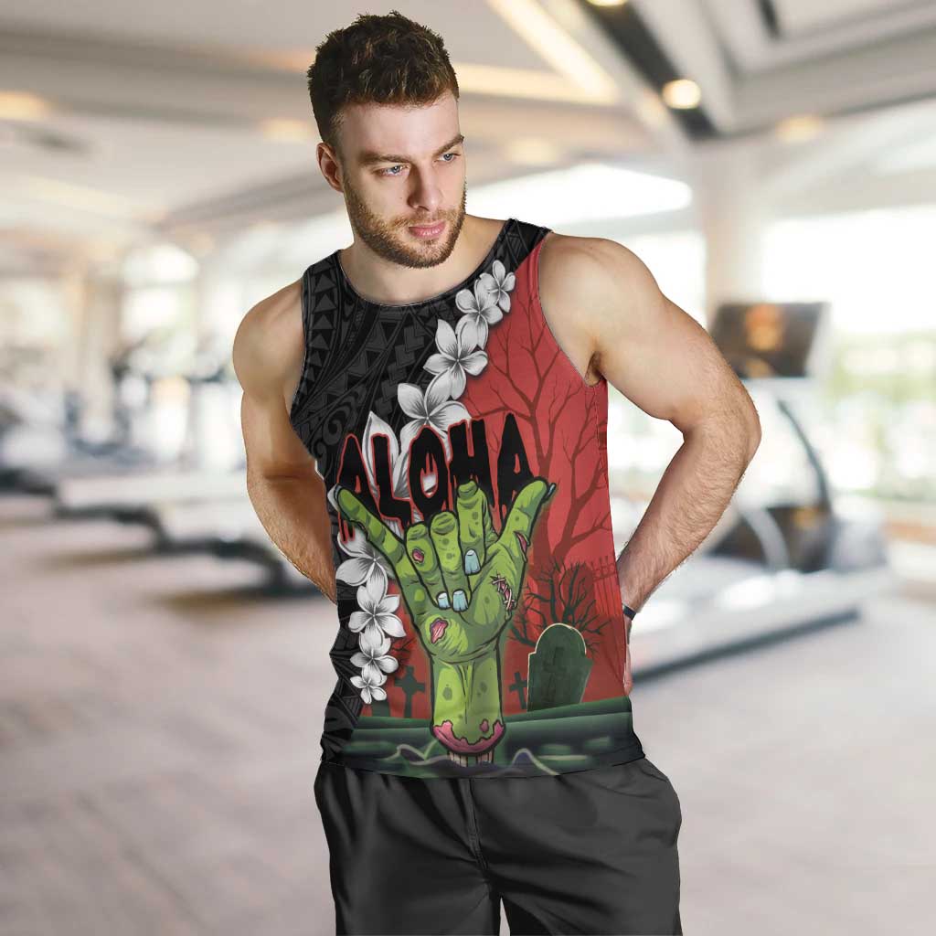 Hawaiian Halloween Men Tank Top Horror Shaka Hand with Plumeria and Polynesian Tattoo Blood Color