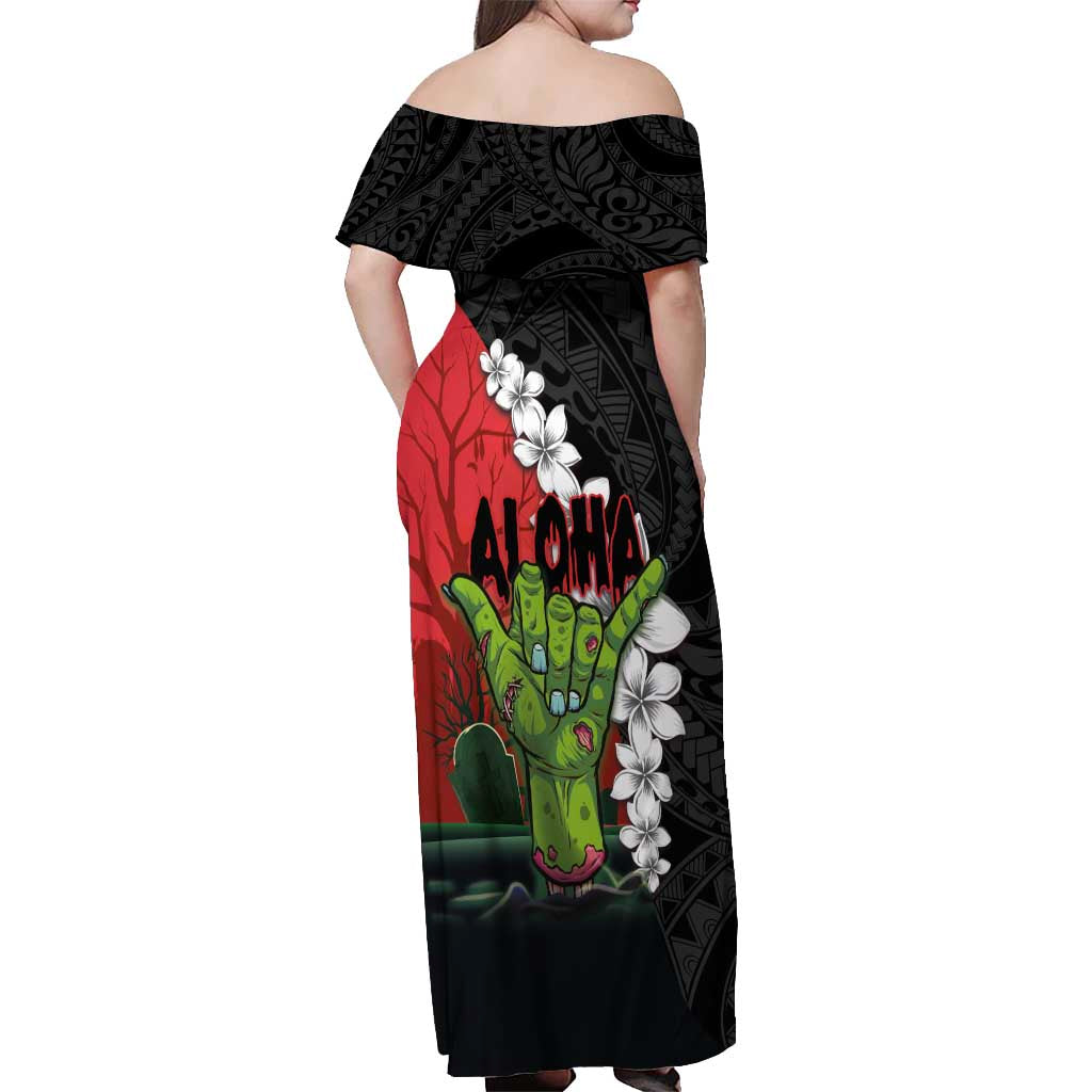 Hawaiian Halloween Off Shoulder Maxi Dress Horror Shaka Hand with Plumeria and Polynesian Tattoo Blood Color