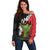 Hawaiian Halloween Off Shoulder Sweater Horror Shaka Hand with Plumeria and Polynesian Tattoo Blood Color