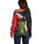 Hawaiian Halloween Off Shoulder Sweater Horror Shaka Hand with Plumeria and Polynesian Tattoo Blood Color