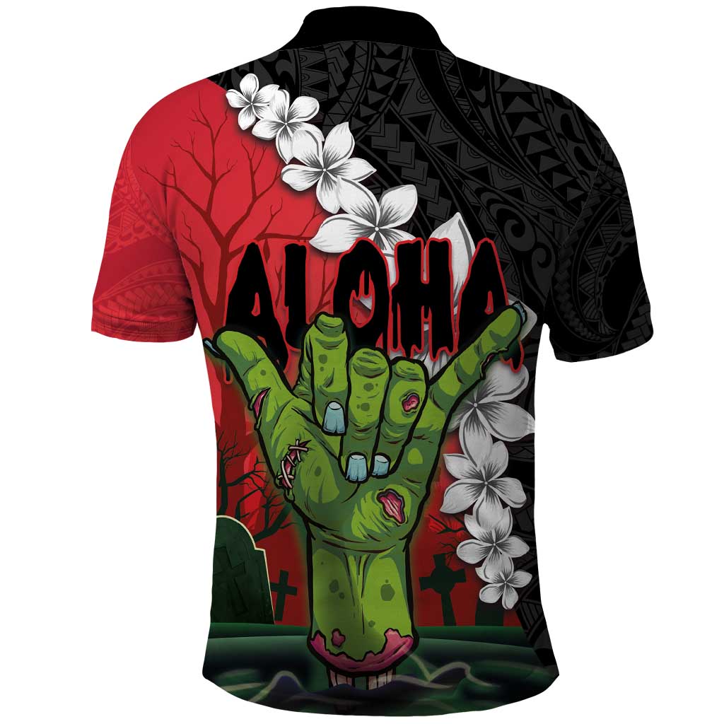 Hawaiian Halloween Polo Shirt Horror Shaka Hand with Plumeria and Polynesian Tattoo Blood Color