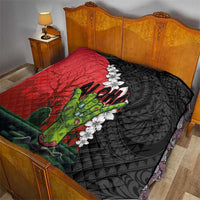 Hawaiian Halloween Quilt Horror Shaka Hand with Plumeria and Polynesian Tattoo Blood Color