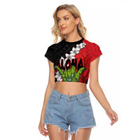 Hawaiian Halloween Raglan Cropped T Shirt Horror Shaka Hand with Plumeria and Polynesian Tattoo Blood Color LT03 Female Red - Polynesian Pride