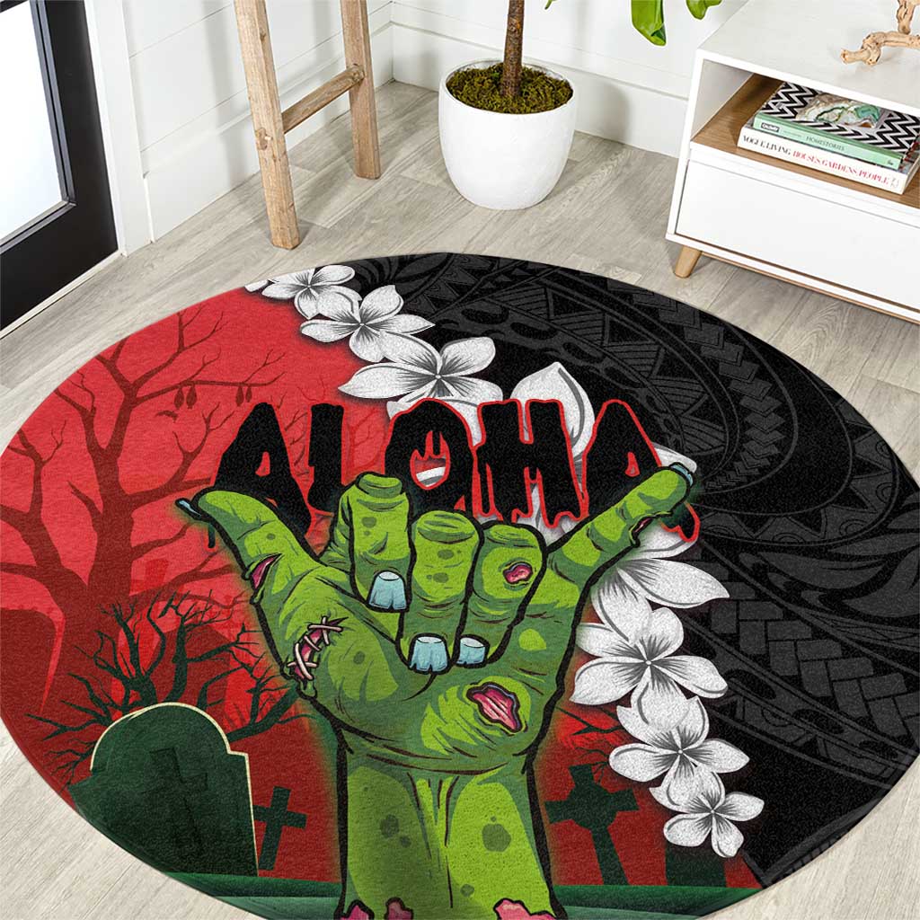 Hawaiian Halloween Round Carpet Horror Shaka Hand with Plumeria and Polynesian Tattoo Blood Color LT03 Red - Polynesian Pride