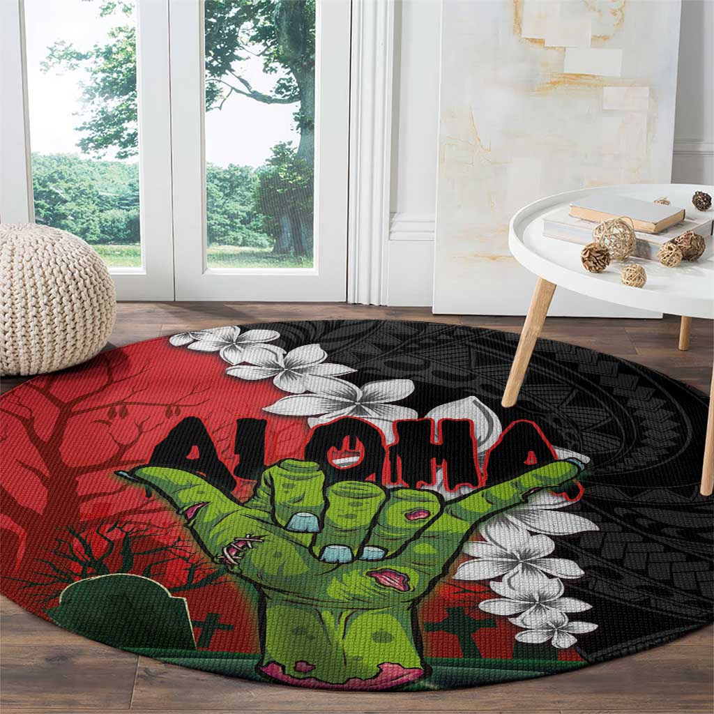 Hawaiian Halloween Round Carpet Horror Shaka Hand with Plumeria and Polynesian Tattoo Blood Color LT03 - Polynesian Pride