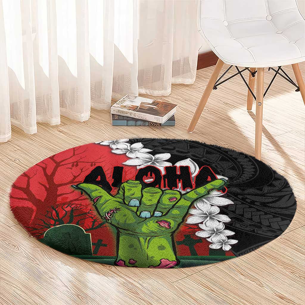 Hawaiian Halloween Round Carpet Horror Shaka Hand with Plumeria and Polynesian Tattoo Blood Color LT03 - Polynesian Pride