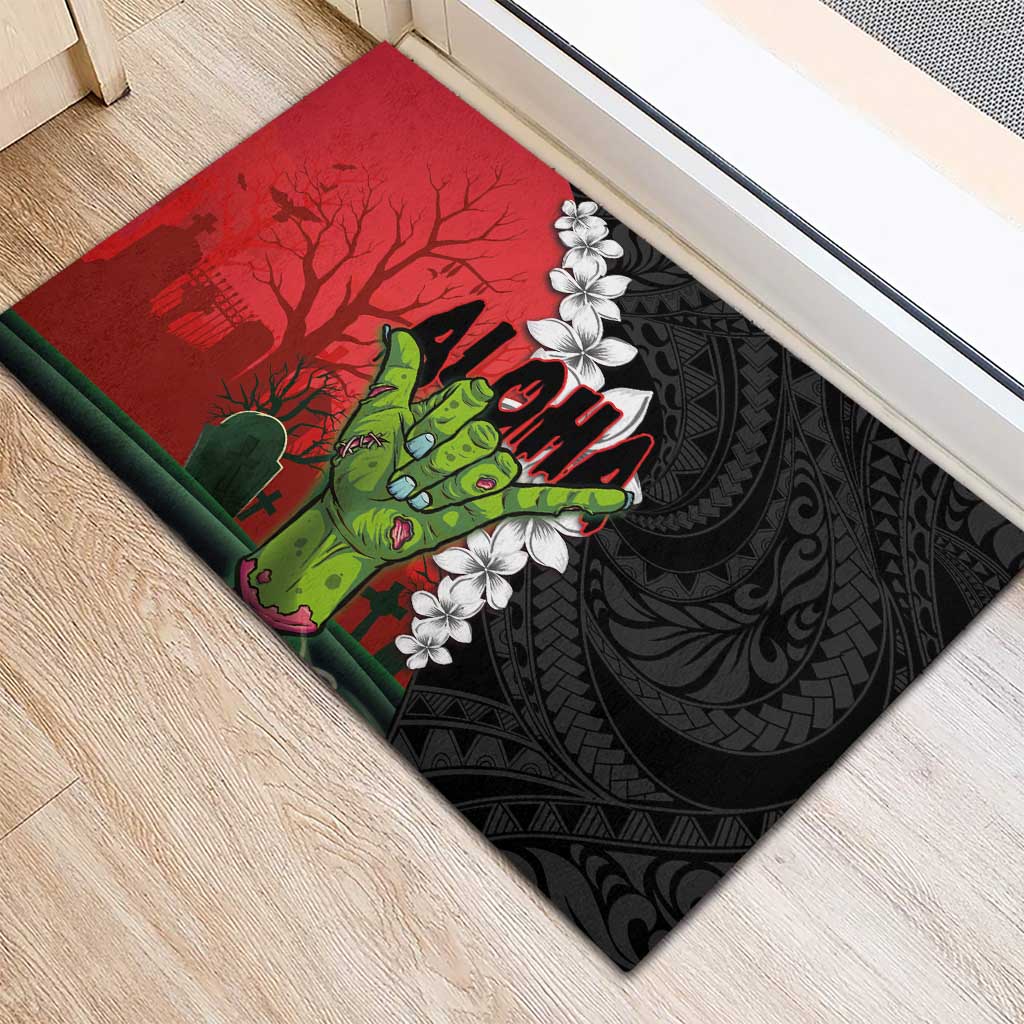 Hawaiian Halloween Rubber Doormat Horror Shaka Hand with Plumeria and Polynesian Tattoo Blood Color LT03 - Polynesian Pride