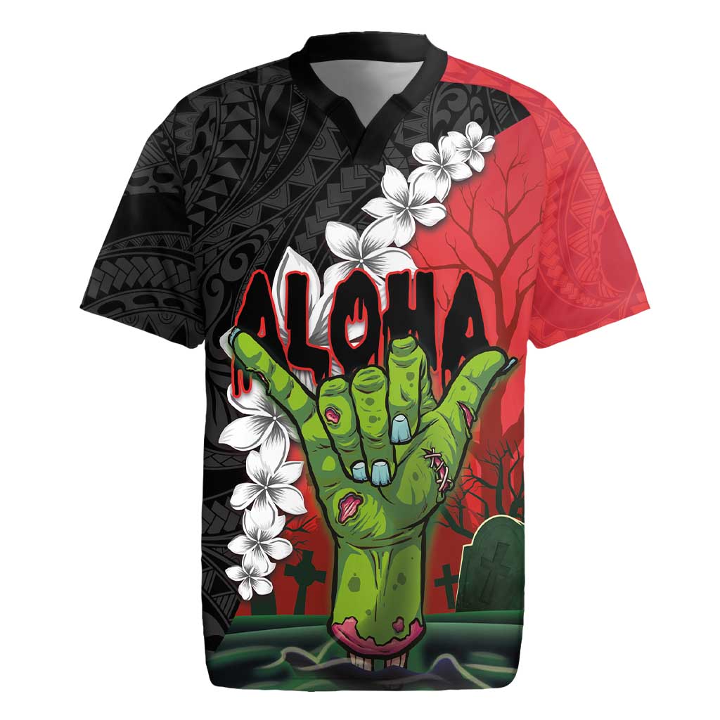 Hawaiian Halloween Rugby Jersey Horror Shaka Hand with Plumeria and Polynesian Tattoo Blood Color LT03 Red - Polynesian Pride