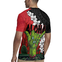 Hawaiian Halloween Rugby Jersey Horror Shaka Hand with Plumeria and Polynesian Tattoo Blood Color LT03 - Polynesian Pride