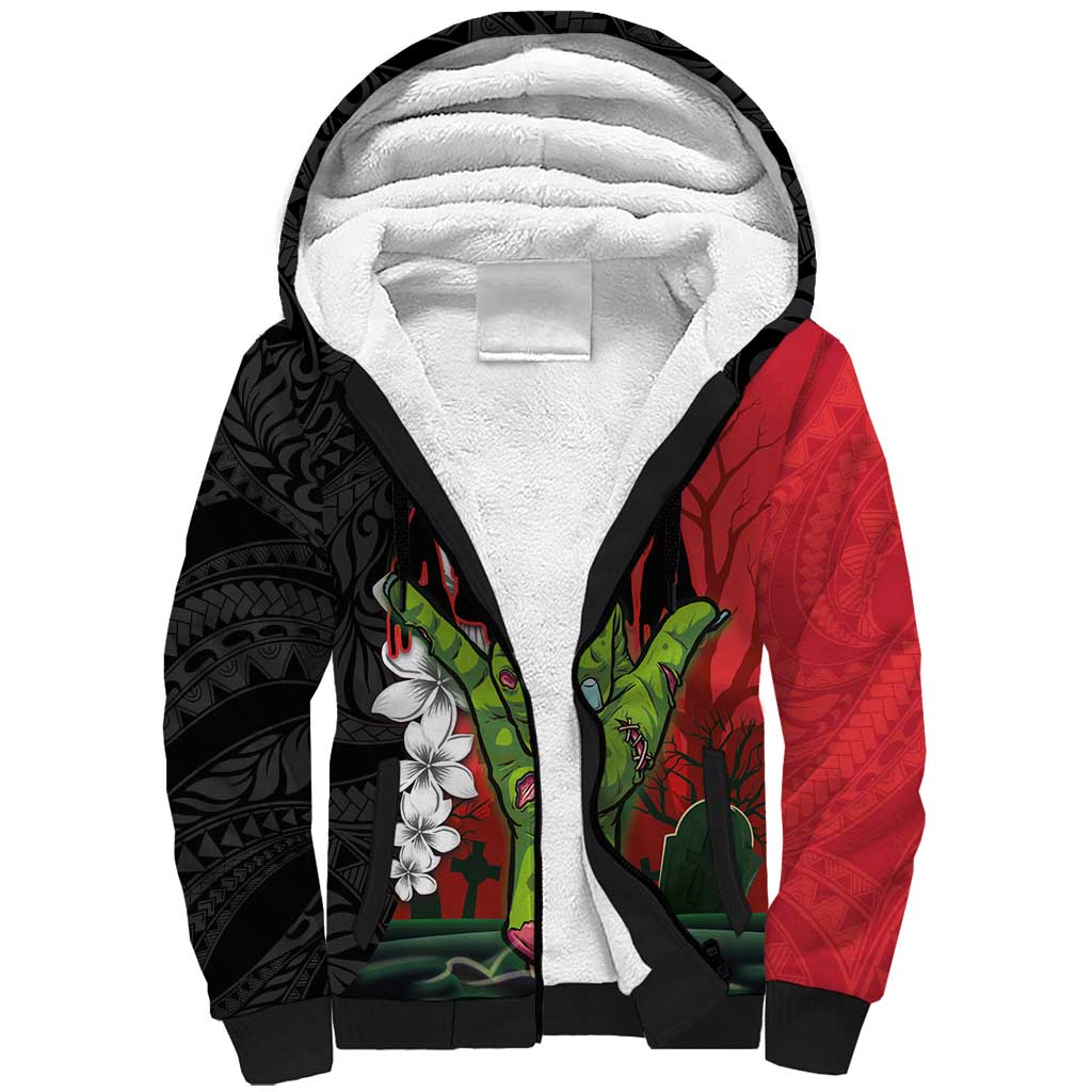 Hawaiian Halloween Sherpa Hoodie Horror Shaka Hand with Plumeria and Polynesian Tattoo Blood Color