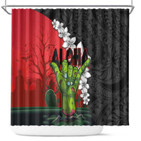 Hawaiian Halloween Shower Curtain Horror Shaka Hand with Plumeria and Polynesian Tattoo Blood Color LT03 Red - Polynesian Pride