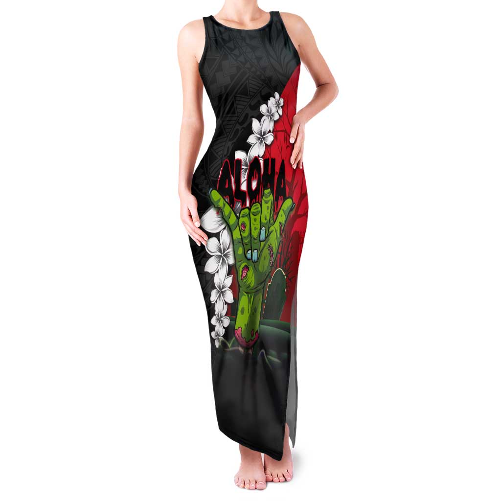 Hawaiian Halloween Tank Maxi Dress Horror Shaka Hand with Plumeria and Polynesian Tattoo Blood Color