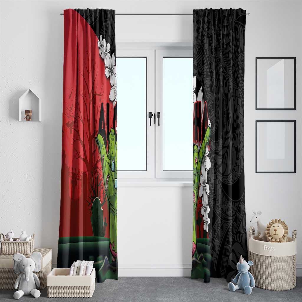 Hawaiian Halloween Window Curtain Horror Shaka Hand with Plumeria and Polynesian Tattoo Blood Color