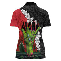 Hawaiian Halloween Women Polo Shirt Horror Shaka Hand with Plumeria and Polynesian Tattoo Blood Color
