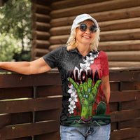 Hawaiian Halloween Women Polo Shirt Horror Shaka Hand with Plumeria and Polynesian Tattoo Blood Color