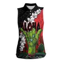 Hawaiian Halloween Women Sleeveless Polo Shirt Horror Shaka Hand with Plumeria and Polynesian Tattoo Blood Color LT03 Female Red - Polynesian Pride