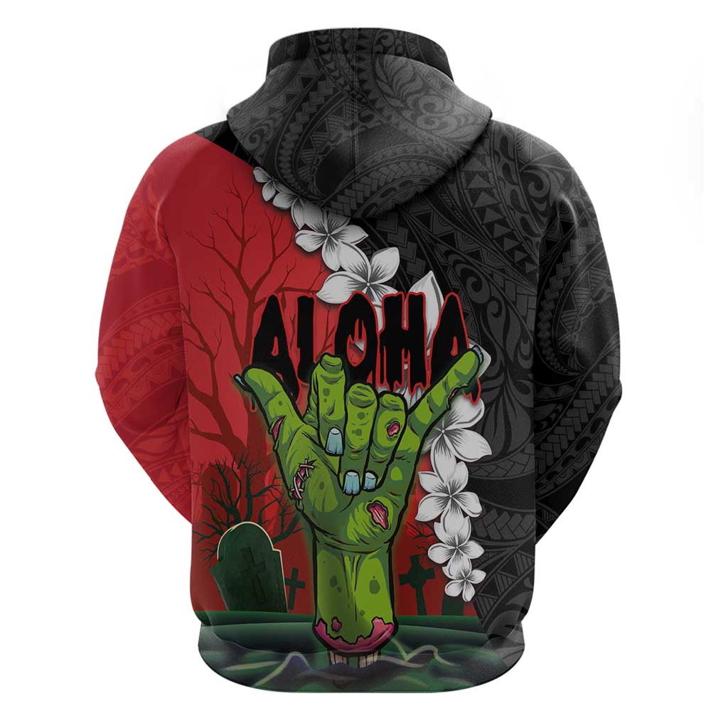 Hawaiian Halloween Zip Hoodie Horror Shaka Hand with Plumeria and Polynesian Tattoo Blood Color LT03 - Polynesian Pride