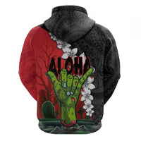 Hawaiian Halloween Zip Hoodie Horror Shaka Hand with Plumeria and Polynesian Tattoo Blood Color LT03 - Polynesian Pride