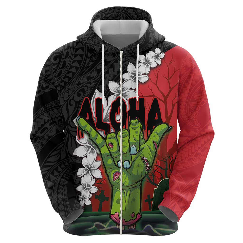 Hawaiian Halloween Zip Hoodie Horror Shaka Hand with Plumeria and Polynesian Tattoo Blood Color LT03 - Polynesian Pride