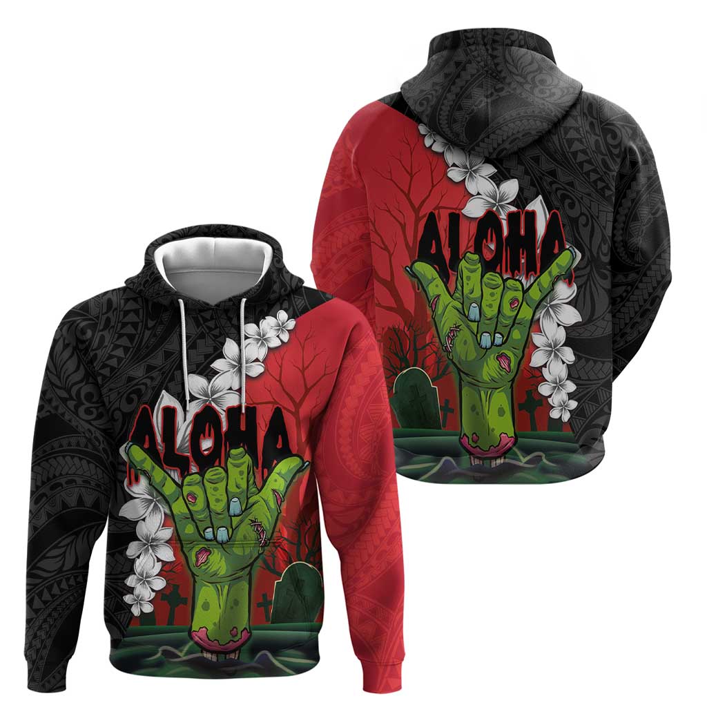 Hawaiian Halloween Zip Hoodie Horror Shaka Hand with Plumeria and Polynesian Tattoo Blood Color LT03 - Polynesian Pride