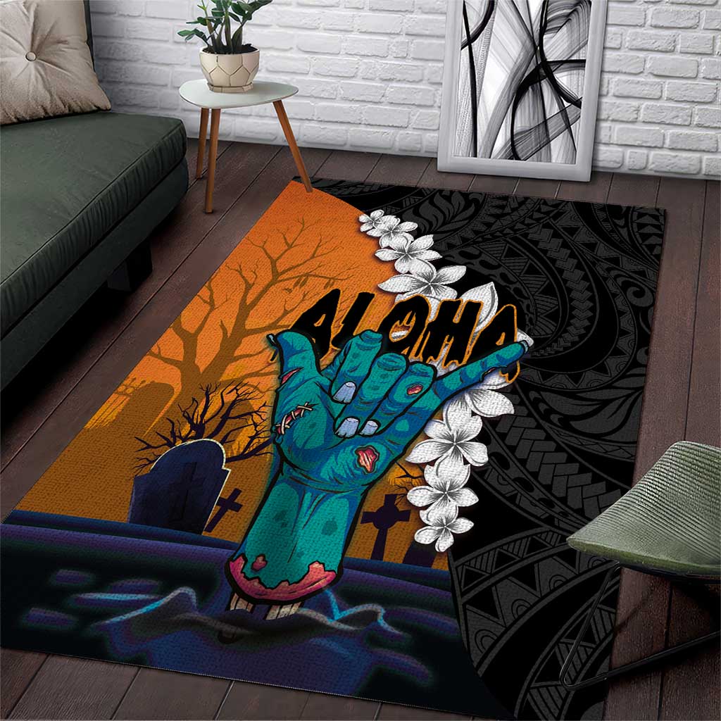 Hawaiian Halloween Area Rug Horror Shaka Hand with Plumeria and Polynesian Tattoo Autumn Color