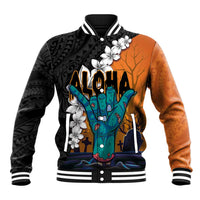 Hawaiian Halloween Baseball Jacket Horror Shaka Hand with Plumeria and Polynesian Tattoo Autumn Color LT03 Unisex Orange - Polynesian Pride