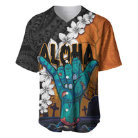 Hawaiian Halloween Baseball Jersey Horror Shaka Hand with Plumeria and Polynesian Tattoo Autumn Color LT03 Orange - Polynesian Pride