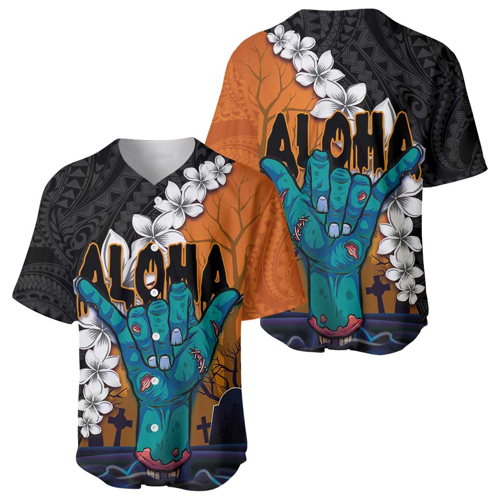 Hawaiian Halloween Baseball Jersey Horror Shaka Hand with Plumeria and Polynesian Tattoo Autumn Color LT03 - Polynesian Pride