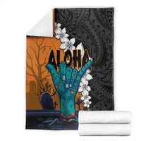 Hawaiian Halloween Blanket Horror Shaka Hand with Plumeria and Polynesian Tattoo Autumn Color
