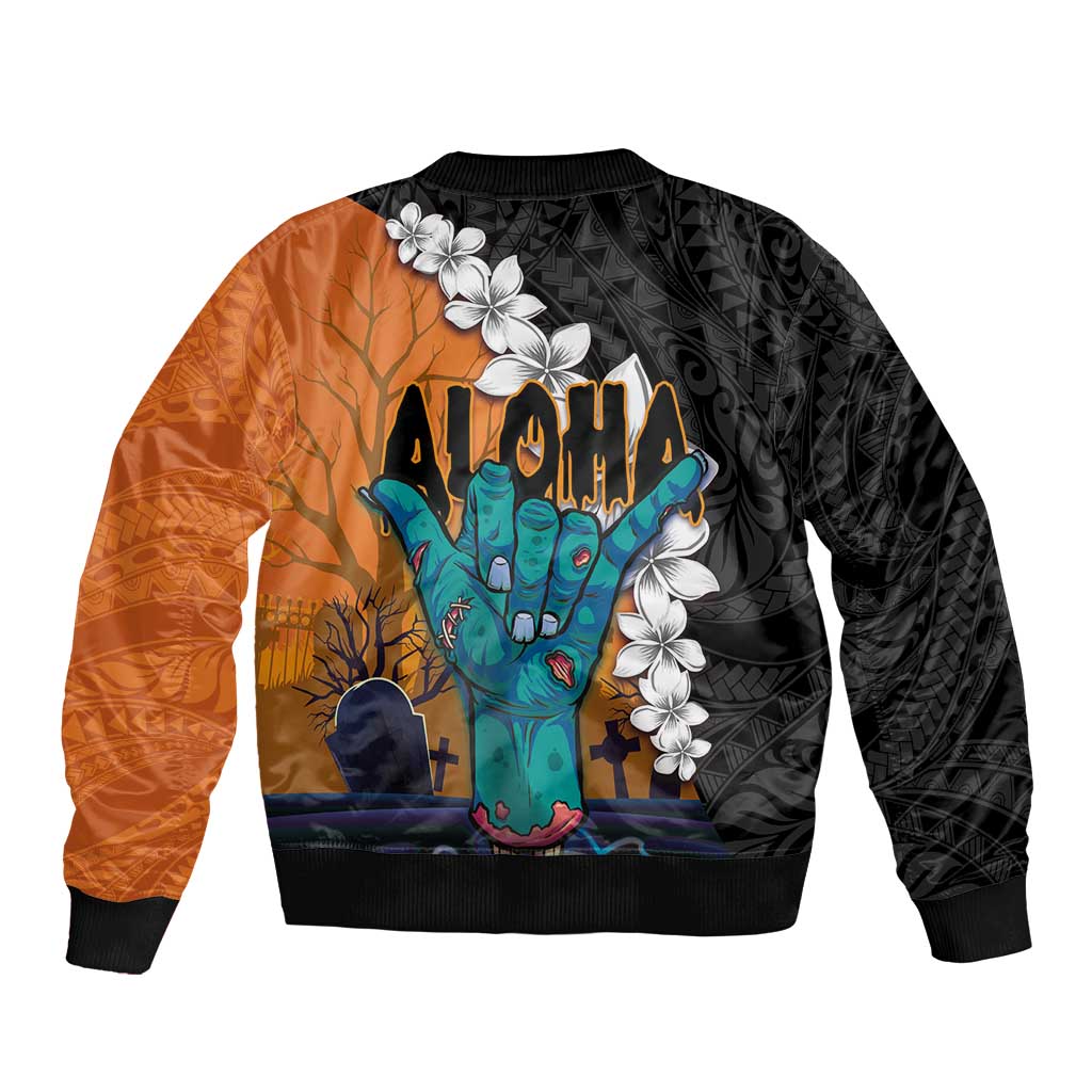 Hawaiian Halloween Bomber Jacket Horror Shaka Hand with Plumeria and Polynesian Tattoo Autumn Color