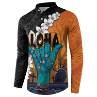 Hawaiian Halloween Button Sweatshirt Horror Shaka Hand with Plumeria and Polynesian Tattoo Autumn Color
