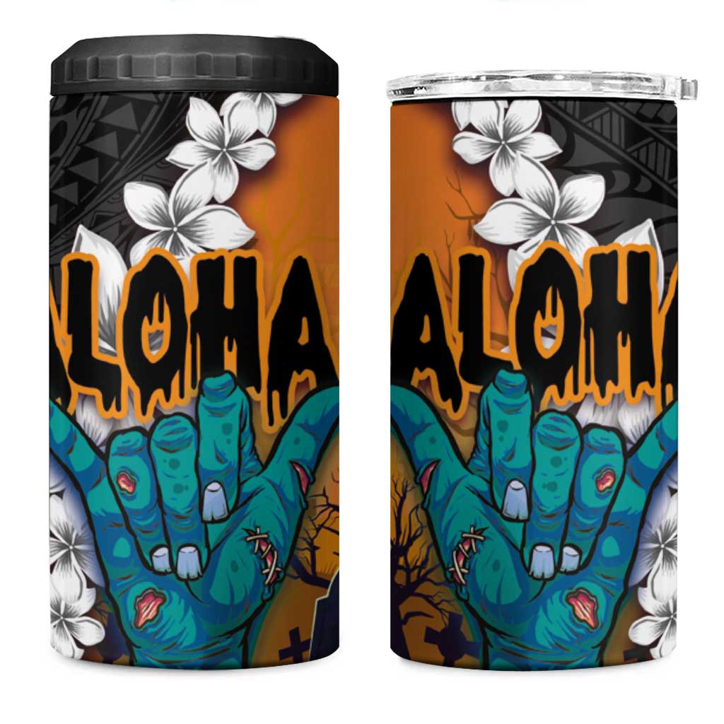 Hawaiian Halloween 4 in 1 Can Cooler Tumbler Horror Shaka Hand with Plumeria and Polynesian Tattoo Autumn Color