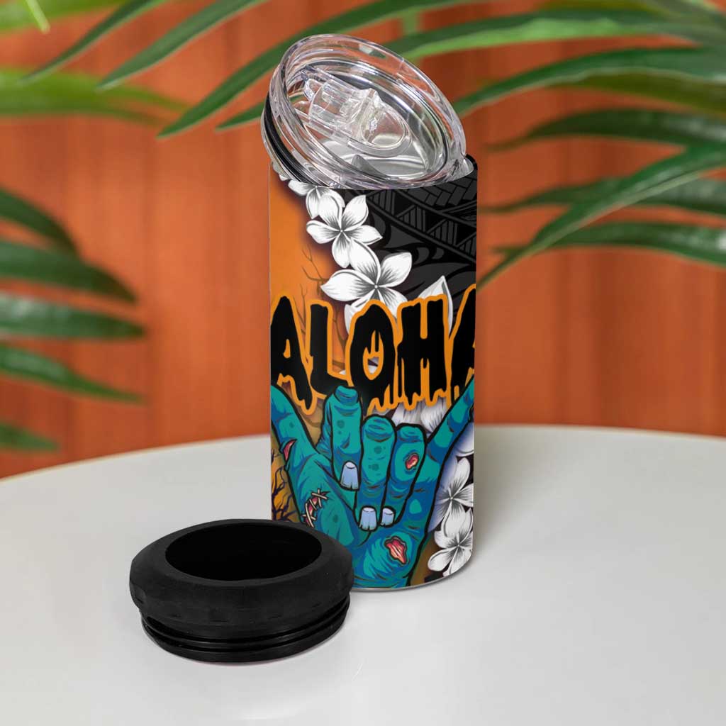 Hawaiian Halloween 4 in 1 Can Cooler Tumbler Horror Shaka Hand with Plumeria and Polynesian Tattoo Autumn Color