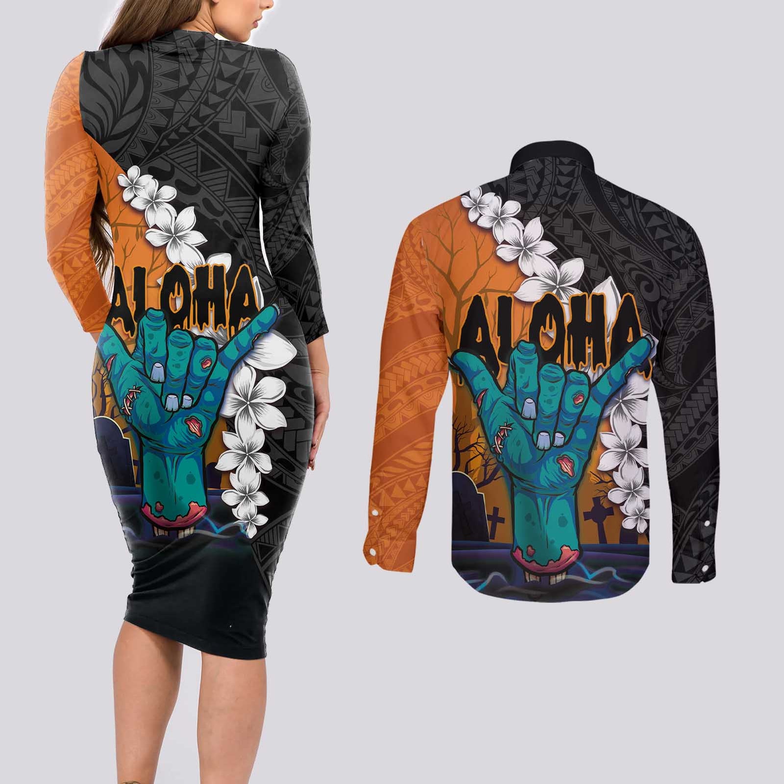 Hawaiian Halloween Couples Matching Long Sleeve Bodycon Dress and Long Sleeve Button Shirt Horror Shaka Hand with Plumeria and Polynesian Tattoo Autumn Color