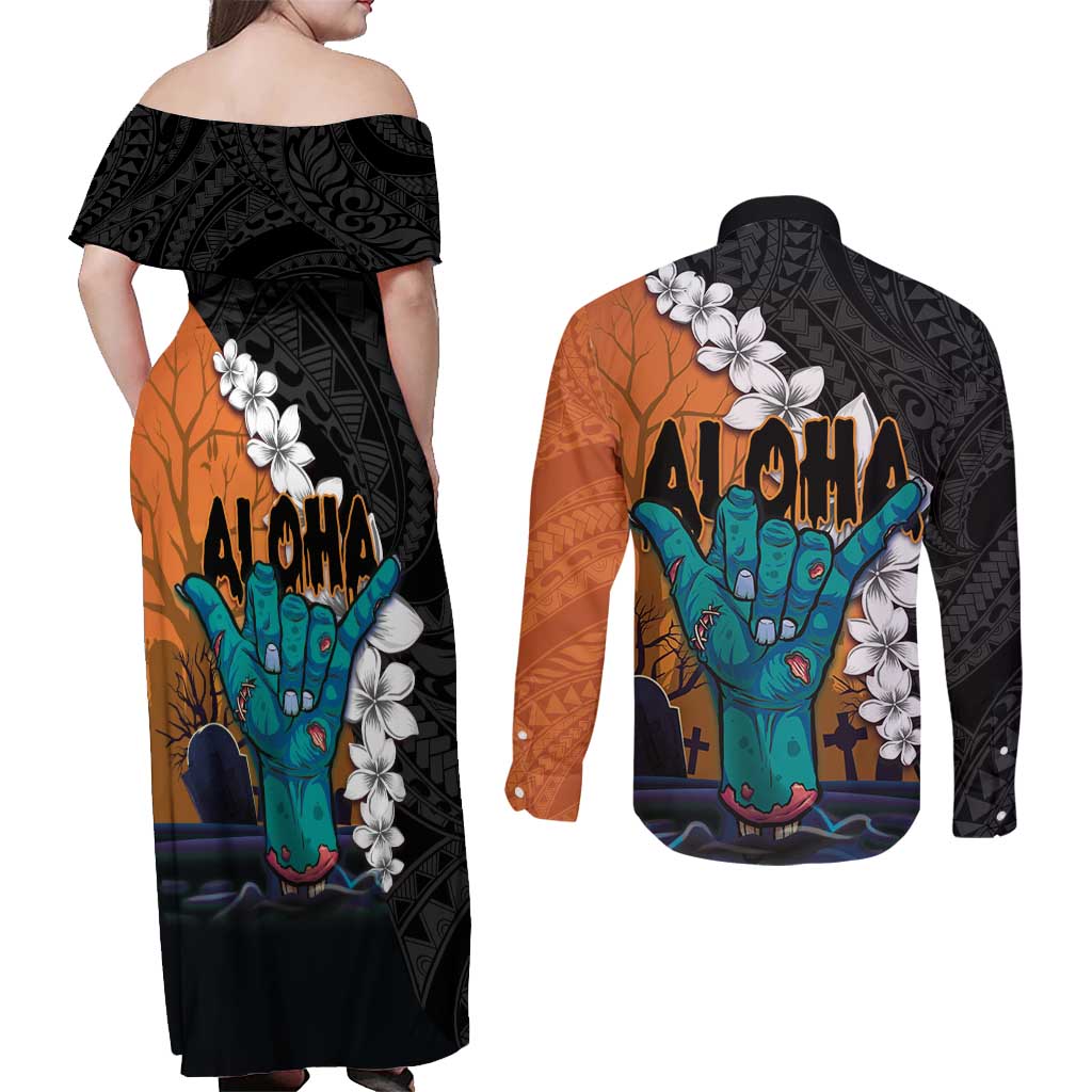 Hawaiian Halloween Couples Matching Off Shoulder Maxi Dress and Long Sleeve Button Shirt Horror Shaka Hand with Plumeria and Polynesian Tattoo Autumn Color