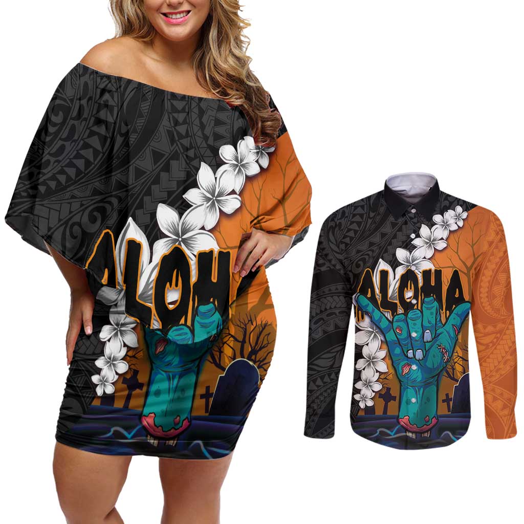 Hawaiian Halloween Couples Matching Off Shoulder Short Dress and Long Sleeve Button Shirt Horror Shaka Hand with Plumeria and Polynesian Tattoo Autumn Color