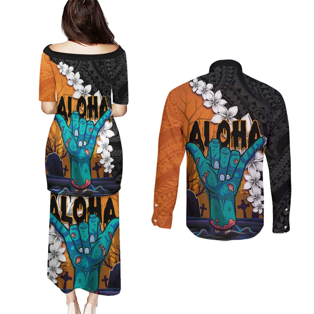 Hawaiian Halloween Couples Matching Puletasi and Long Sleeve Button Shirt Horror Shaka Hand with Plumeria and Polynesian Tattoo Autumn Color