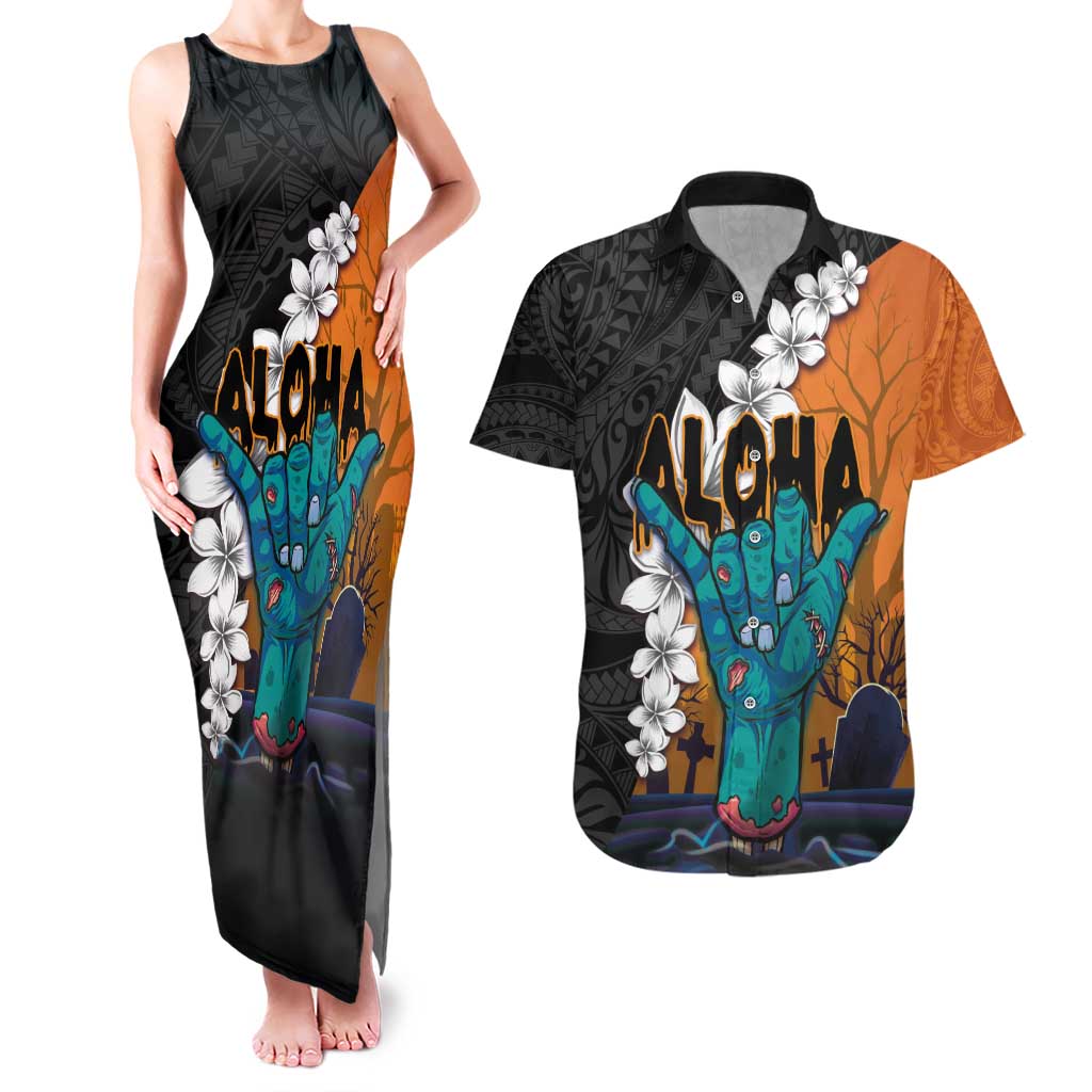 Hawaiian Halloween Couples Matching Tank Maxi Dress and Hawaiian Shirt Horror Shaka Hand with Plumeria and Polynesian Tattoo Autumn Color